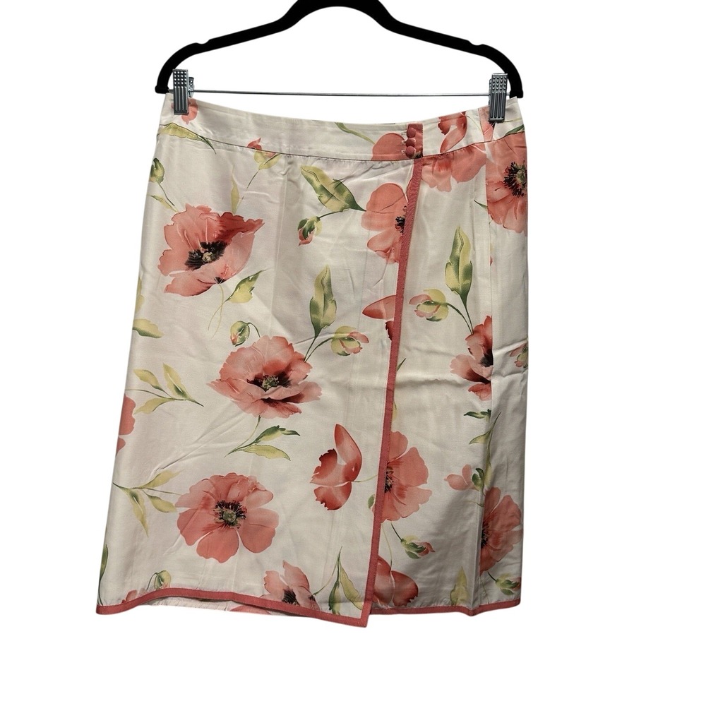 Sutton Studio Womens 10 Silk Skirt White Pink Floral A Line Wrap Cottagecore